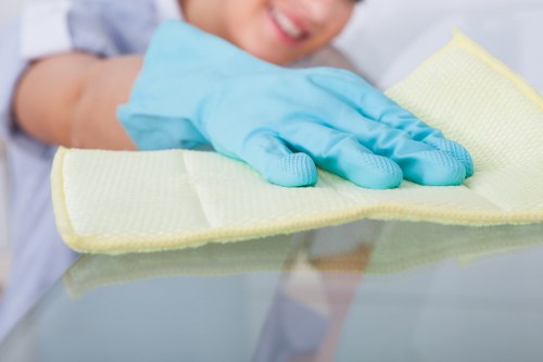 Office cleaner working in a Brixton workplace reception area